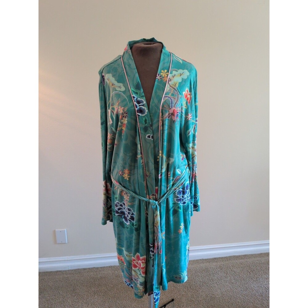 Johnny Was Robe LG Teal Verdino Floral Patterned Wrap Robe Belted, Pockets. - Picture 3 of 12